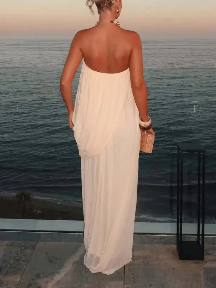 Elegant Pleated Strapless Maxi Dress Women Fashion Backless Slim Apricot Dresses Summer Casual High Street Female Vestidos — image 4
