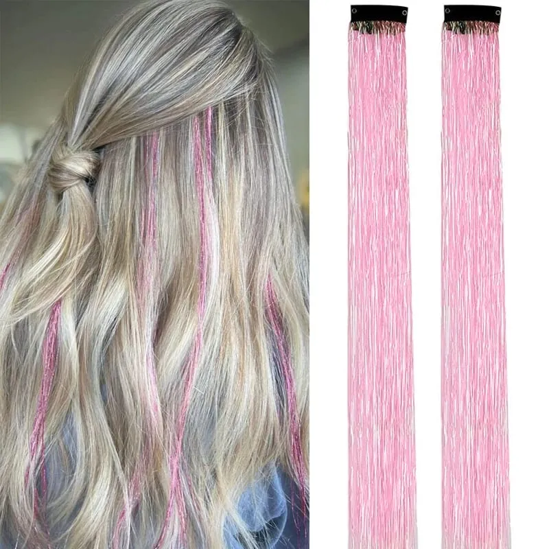 2PCS Synthetic Hair Tinsel Clip in Extensions Colored Sparkle Hair Tinsel Kit with BB Clip for Kids Girls Christmas Party Use — image 13