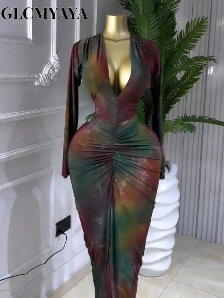 Women Printed Deep V-neck Stacked Ruched Bodycon Midi Maxi Dress 2026 Birthday Holiday Party Trendy Dresses Vestidos — image 2