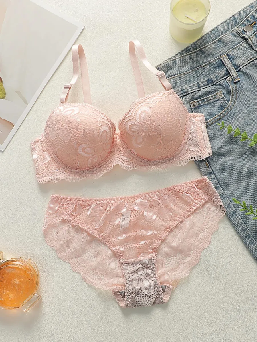 Pink Floral Lace set Lingerie Romantic Bralette Panty Girl set Women underwear set Women's 2-piece underwear set A2123 — image 1