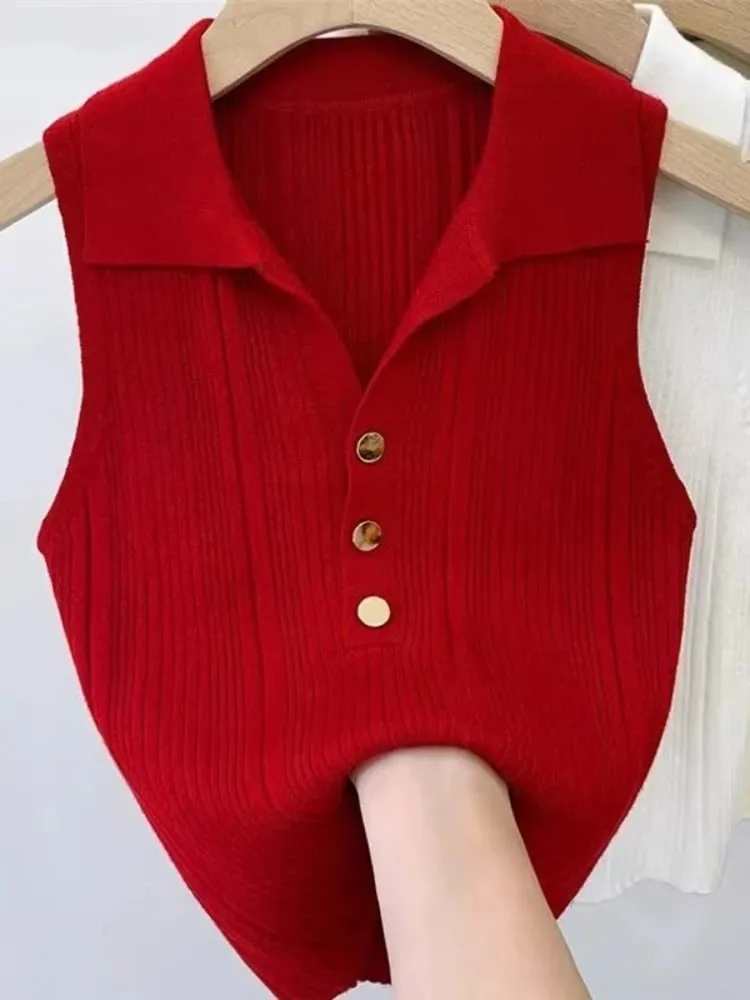 Zjaiss 2026 Spring Summer Slim Versatile Camisole Women's Polo Lapel Tank Tops Vest Ice Silk Knit Sleeveless Tops — image 7