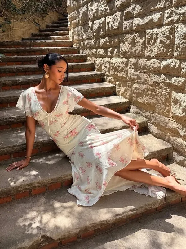 Women Pink Floral Print Maxi Dress Elegant V Neck Ruffle Trim Flare Sleeve Ruched High Chiffon Dresses 2026 Lady Party Vestido — image 10