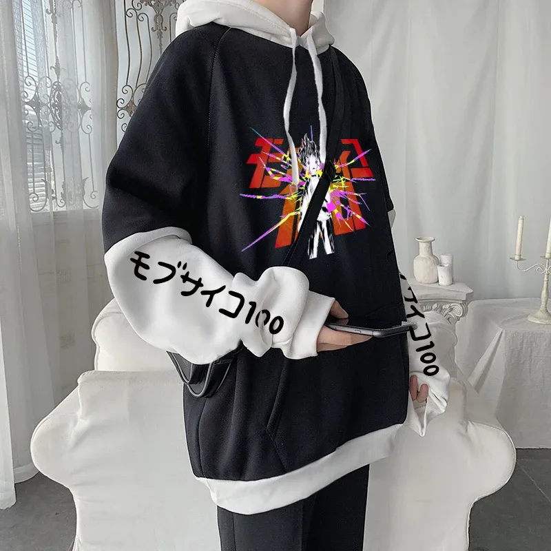 Anime Mob Psycho 100 Hoodies Harajuku Shigeo Kageyama Punk Cartoon Sweatshirts Men Women Autumn Winter Warm Patchwork Sweatshirt — image 3