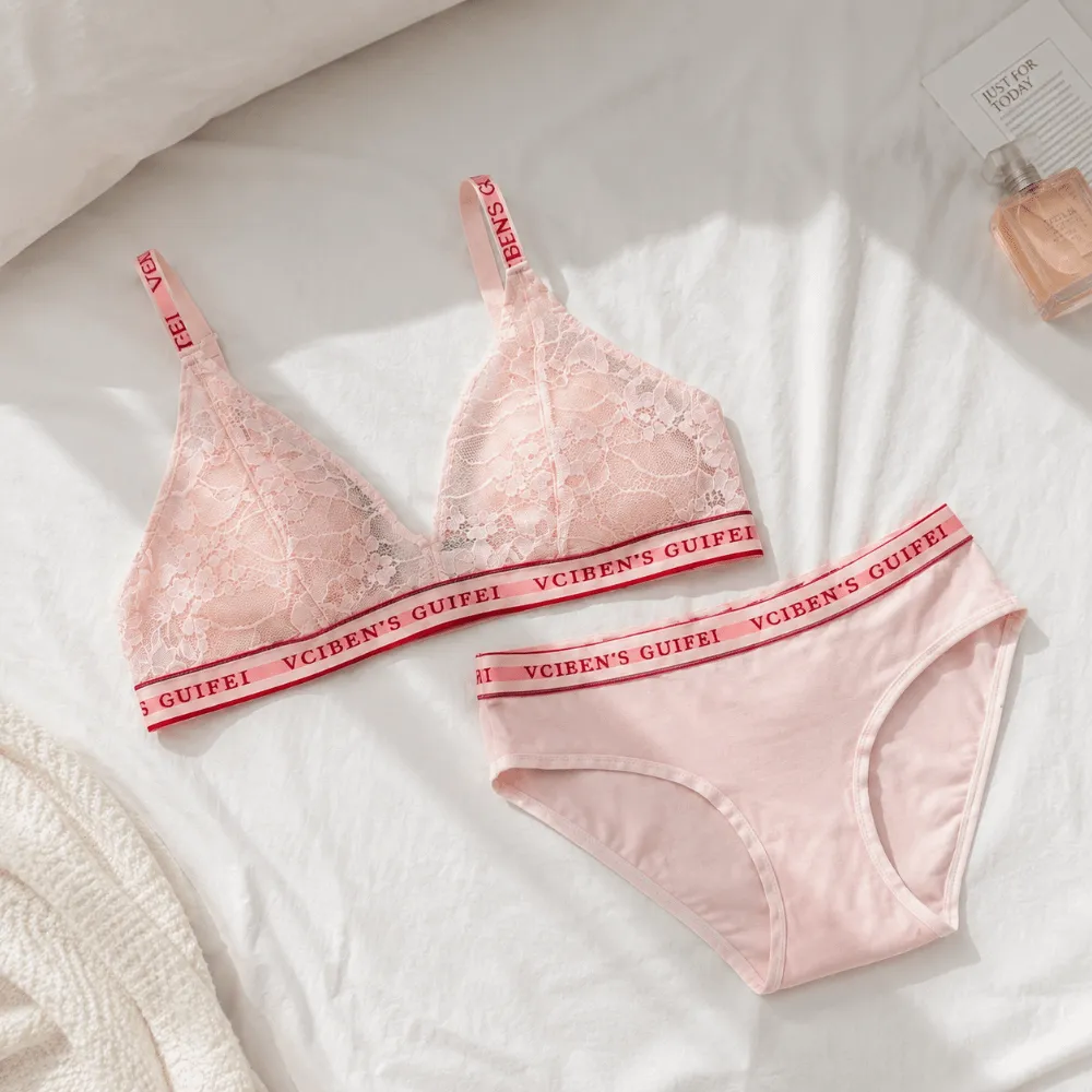 Fashion Letter Design Lingerie Set Lace Wireless Women Underwear Suit Deep V Color Blocking Bra Panties Set Girl — image 2