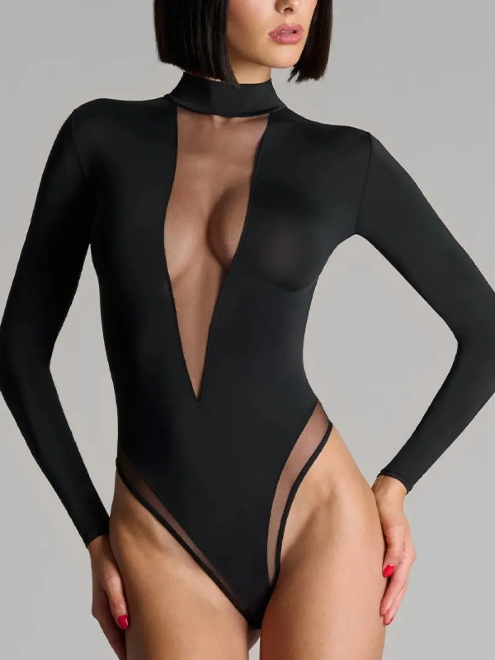 2026 new deep V perspective mesh splicing long sleeved black jumpsuit sexy spicy girl outfit party date niche trend fashion ins