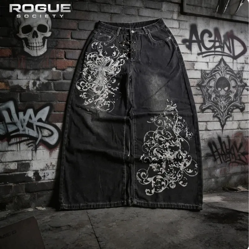 Summer Y2K Vintage Cross Print Denim Pants Men Gothic Wide Leg Baggy Straight Harajuku Trousers Grunge Streetwear Jeans Unisex — image 3