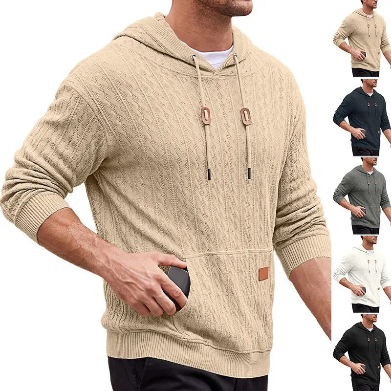Men Thin Cable Knit Hooded Sweatshirt Drawstring Hood Kangaroo Pocket Long Sleeve Loose Casual Pullover Autumn Daily Street Tops