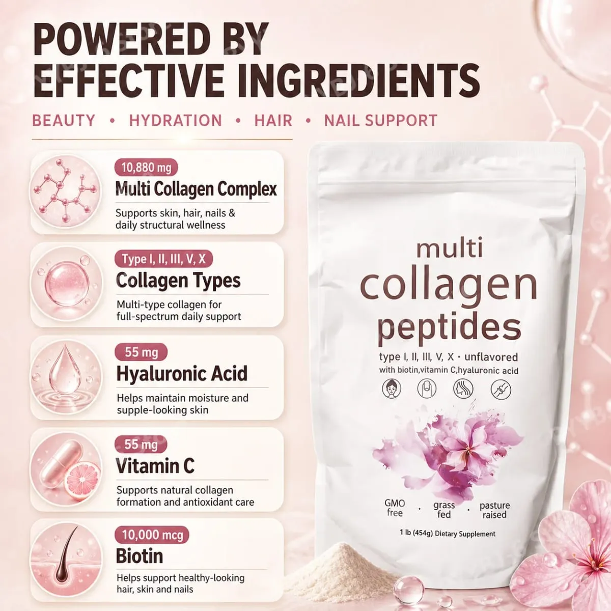 Poudre de Peptides multi-collagènes, 454g, mélange de collagène sans saveur, avec vitamine C, biotine, acide hyaluronique, Support pour la peau, les cheveux et les ongles — image 4