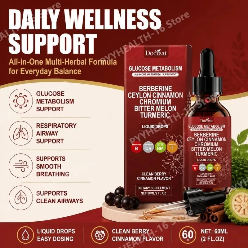 Docteat Glucose Metabolism Liquid Drops with Berberine and Ceylon Cinnamon Supports Smooth Breathing and Clean Airways 60 ML