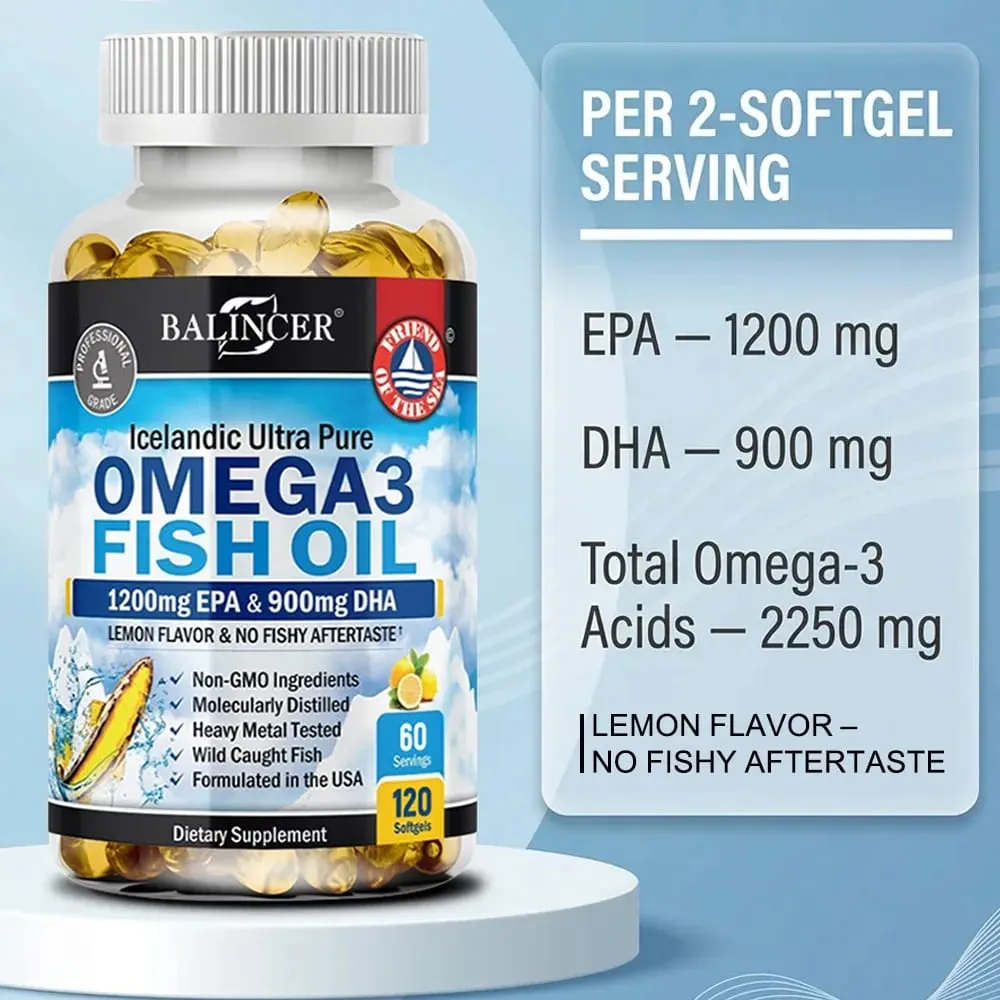 強度の高いオメガ 3 フィッシュオイル 2250mg、野生で捕獲された高 EPA 1200mg と DHA 900mg が心臓、脳、目の関節、皮膚の健康をサポート