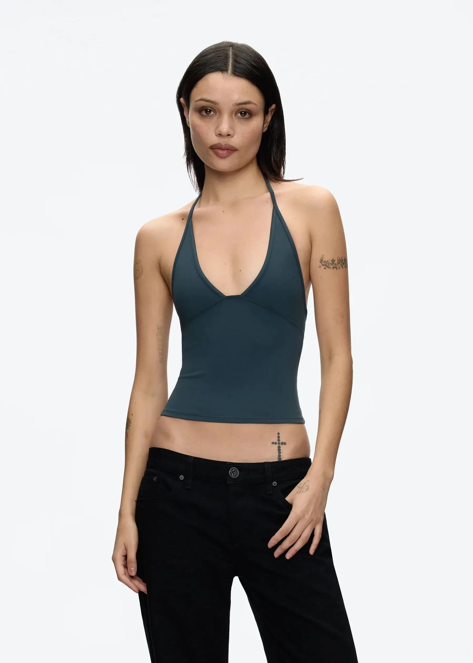 Tank Deep V Halter Neck Camisole Slim Fit Short Crop Top Tight-Fitting Waist-Cinching Backless Tank Top Versatile Outerwear Solid Color Base Shirt for a Spicy Look
