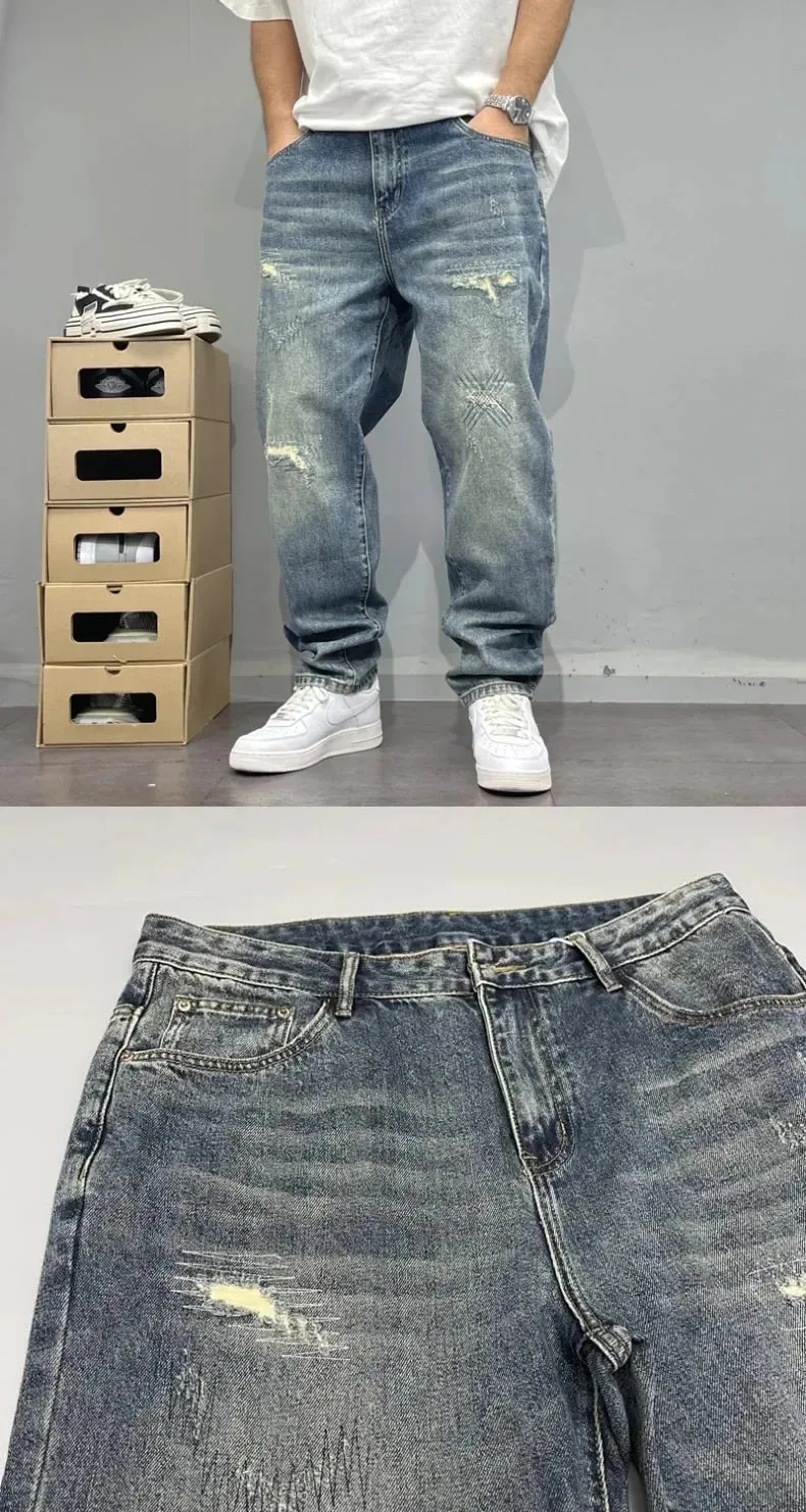 2025Heavy Duty Washed and Scraped Denim Men's Trendy High-end Embroidered Printed Loose Tapered Straight Leg Jeans — image 8