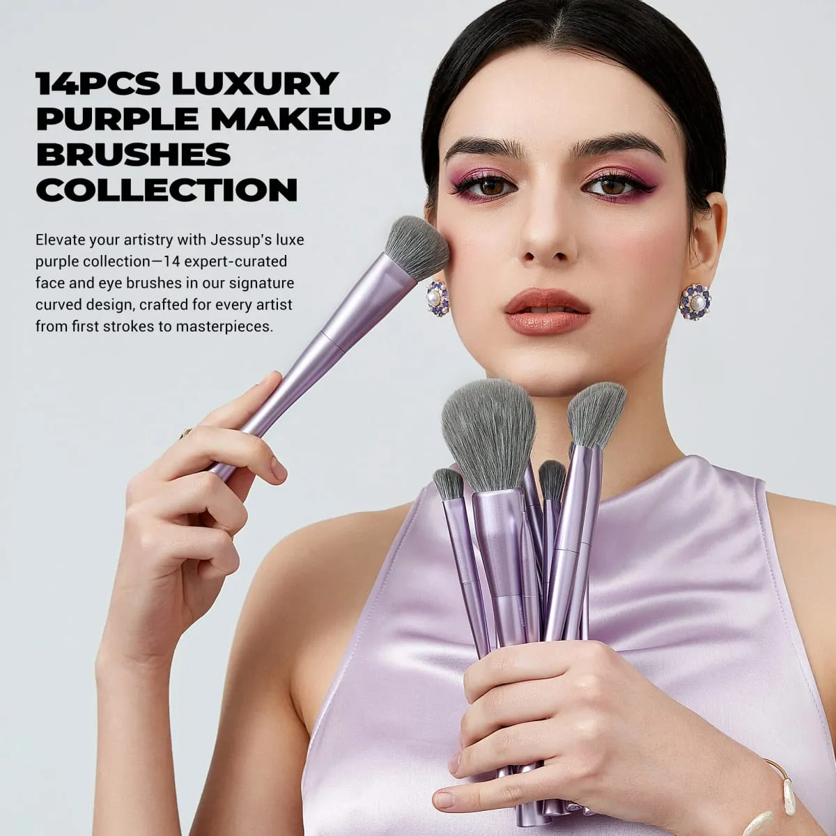 Jessup Makeup Brushes Set 14pcs Professional Vegan Foundation Eyeshadow Contour Powder Blending Brush Kit Luxury Purple T512