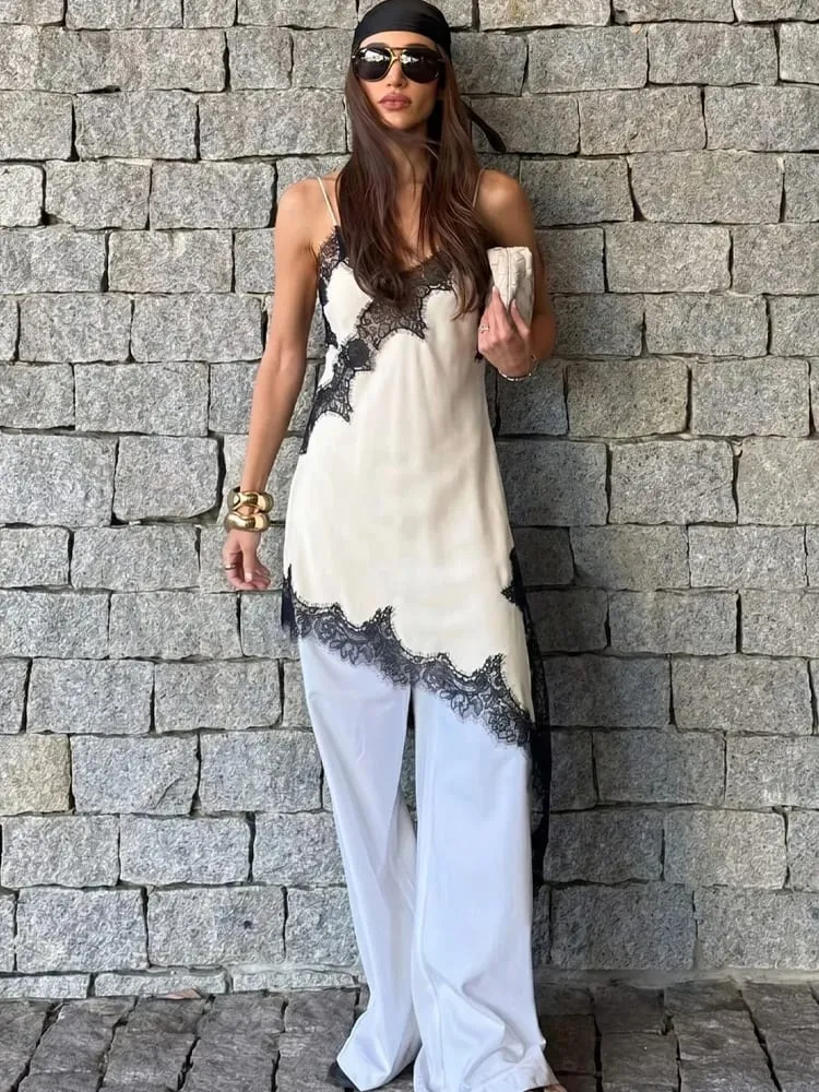 HH 2026 Female Summer Fashion Solid Lace Splicing V Neck Dresses Satin Asymmetry Hem Sexy Backless Slim Mini Dress For Party — image 3