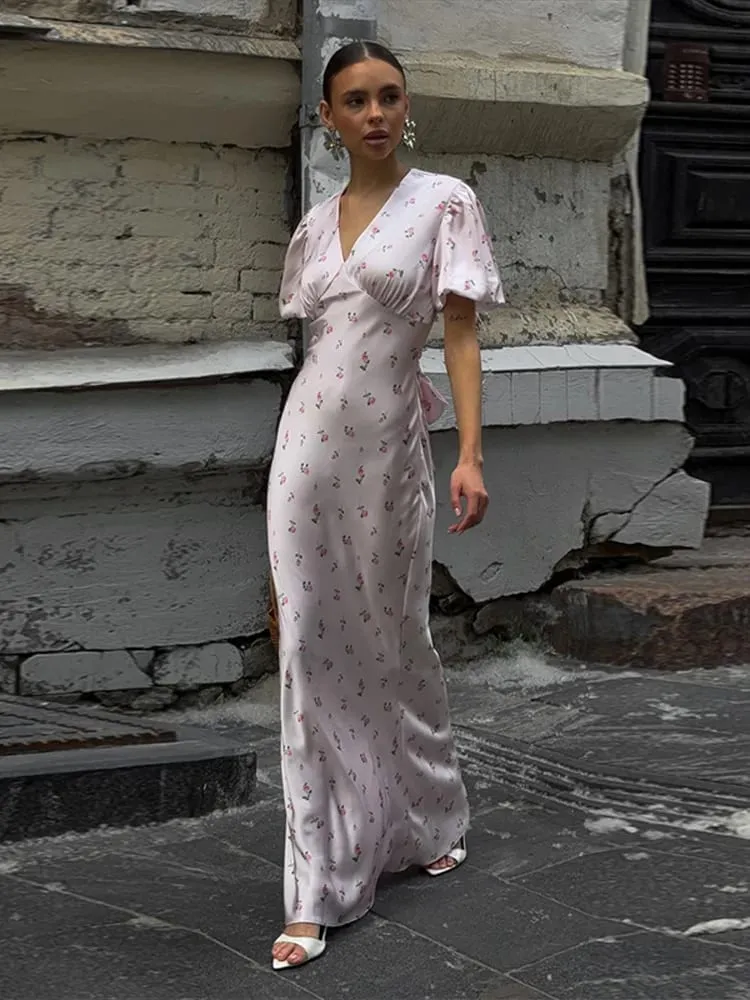 Elegant Print Women Long Dress Fashion V-neck Pleated Flutter Short Sleeve Empire Female Dresses 2026 Summer Chic Female Robe — image 5
