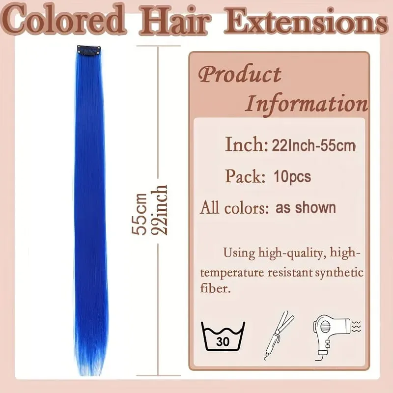 22Inch 10pcs Synthetic Colorful Long Straight Rainbow Colored Hair 10pcs Clip In Extensions for Women Daily Party Christmas