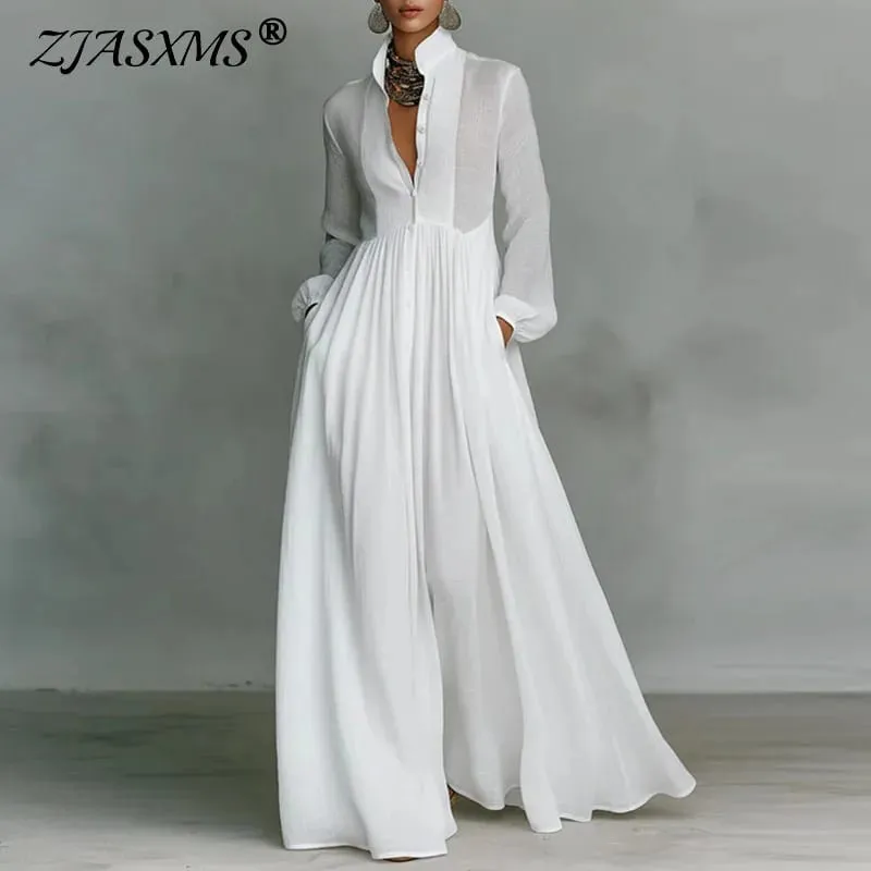 Gaun Panjang Buaian Pinggang Tinggi yang Elegan Wanita Musim Bunga Poket Pepejal Gaun Maxi Berlipat Musim Gugur Lengan Panjang Pakaian Petang — image 2
