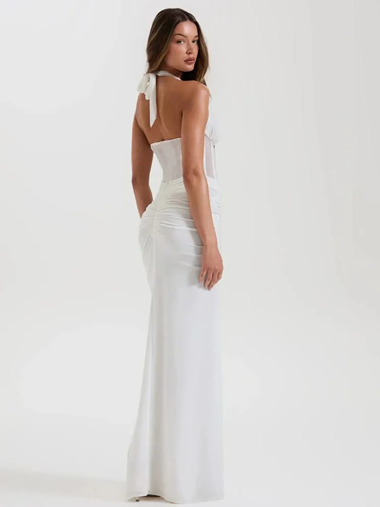 MO Patchwork Sexy Deep V-neck Halter Women Maxi Dress Backless See Through Dress Summer Slim Elegant Party Evening Dress — image 3