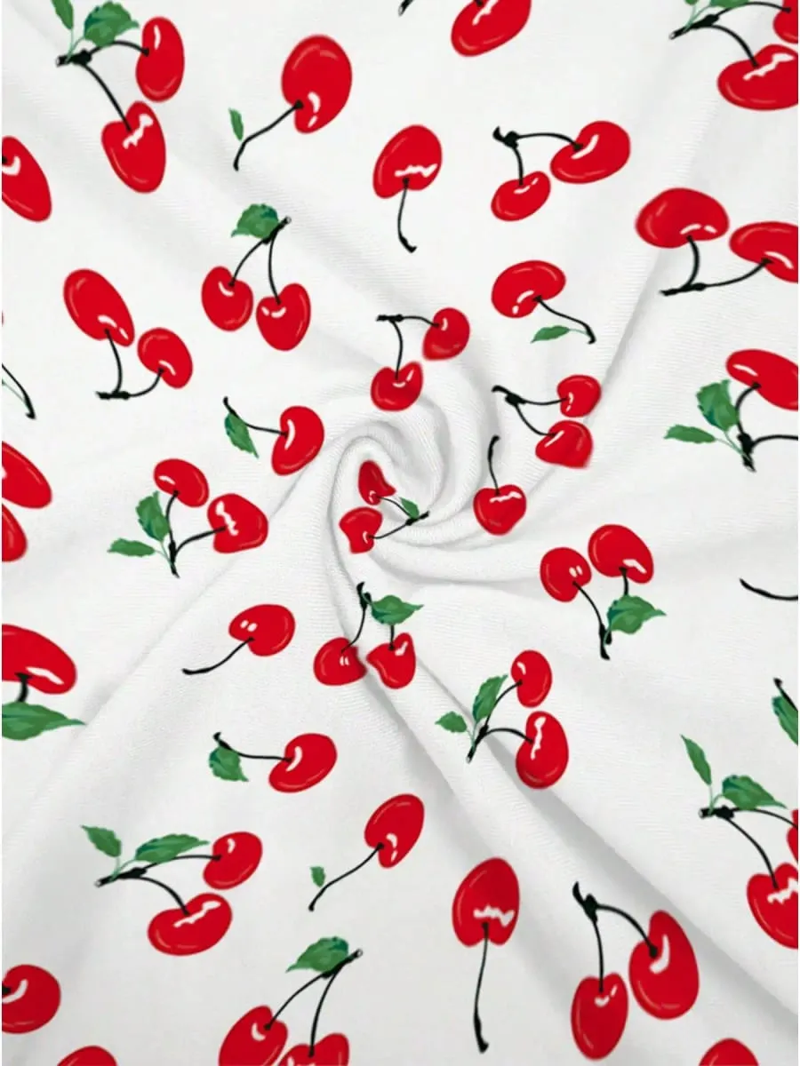 Elegant Casual round Neck Solid Color Cherry Print Pocket Short Sleeve Mini Skirt Long Dress Comfortable Fashionable Women's Dre — image 5
