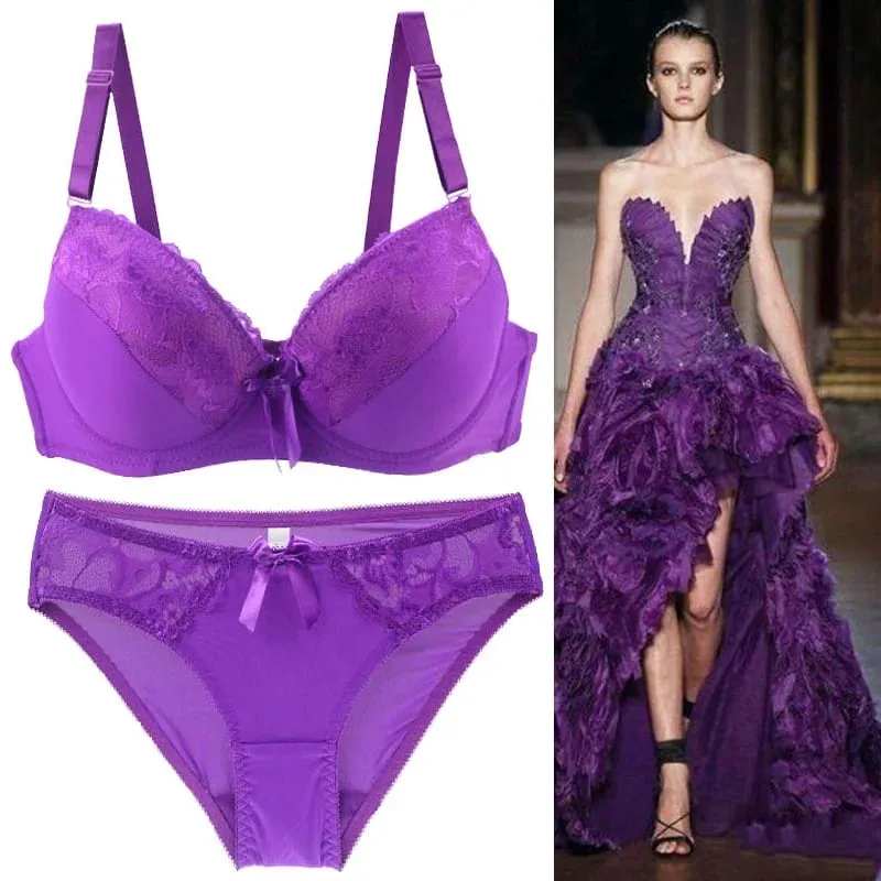 Women Push Up Bra Set Lace Thong Underwear Solid Bow Lingerie Plus Size 70-105 BCDE Cup Female Intimates