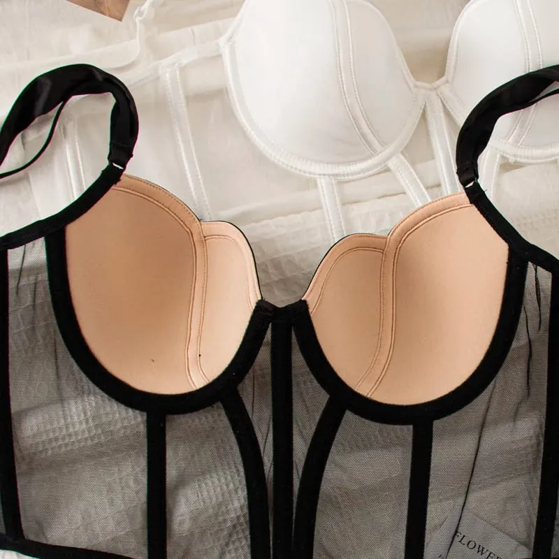 Sexy lingerie women's vest style small chest with steel ring thin bralette large size ladies long bra breifs set — image 3