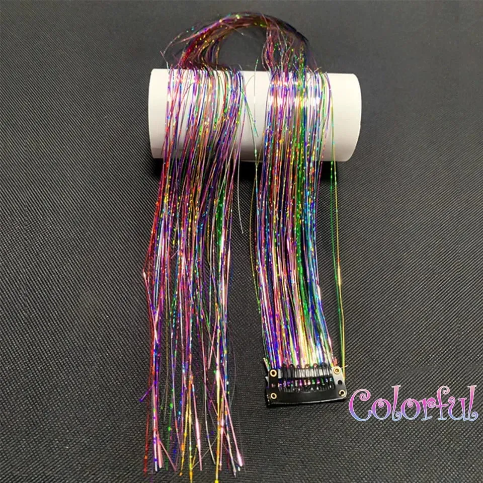 Long Straight Hair Tinsel Glitter Shiny Sparkly Synthetic Color Fresh Laser Clip in Hair Extensions Women Party Hair Accessori