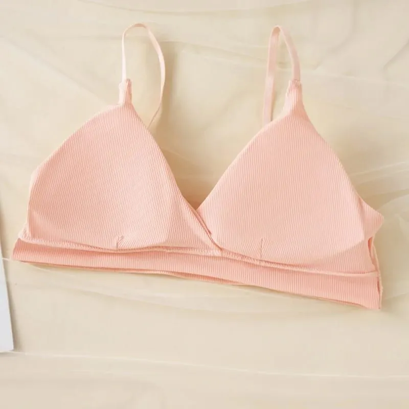 Women Ribbed Triangle Bra And Panties Set Wireless V Neck Thin Strap Bra Low Waist Briefs Ladies Removable Pads Lingerie Set — image 5