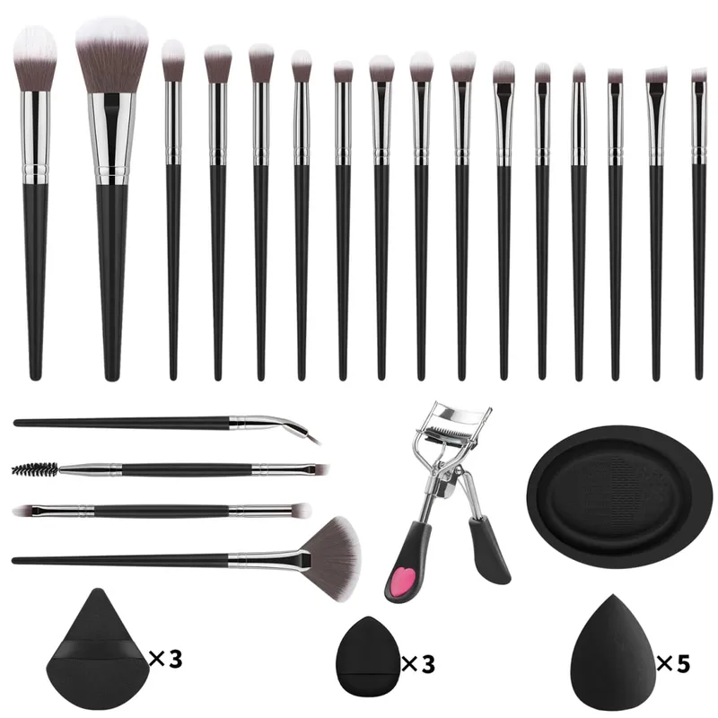 33Pcs Makeup Tool Kit 20 Makeup Brushes na May Powder Puff Cleaning Bowl Eyelash Curler Full Face Eye Makeup Set