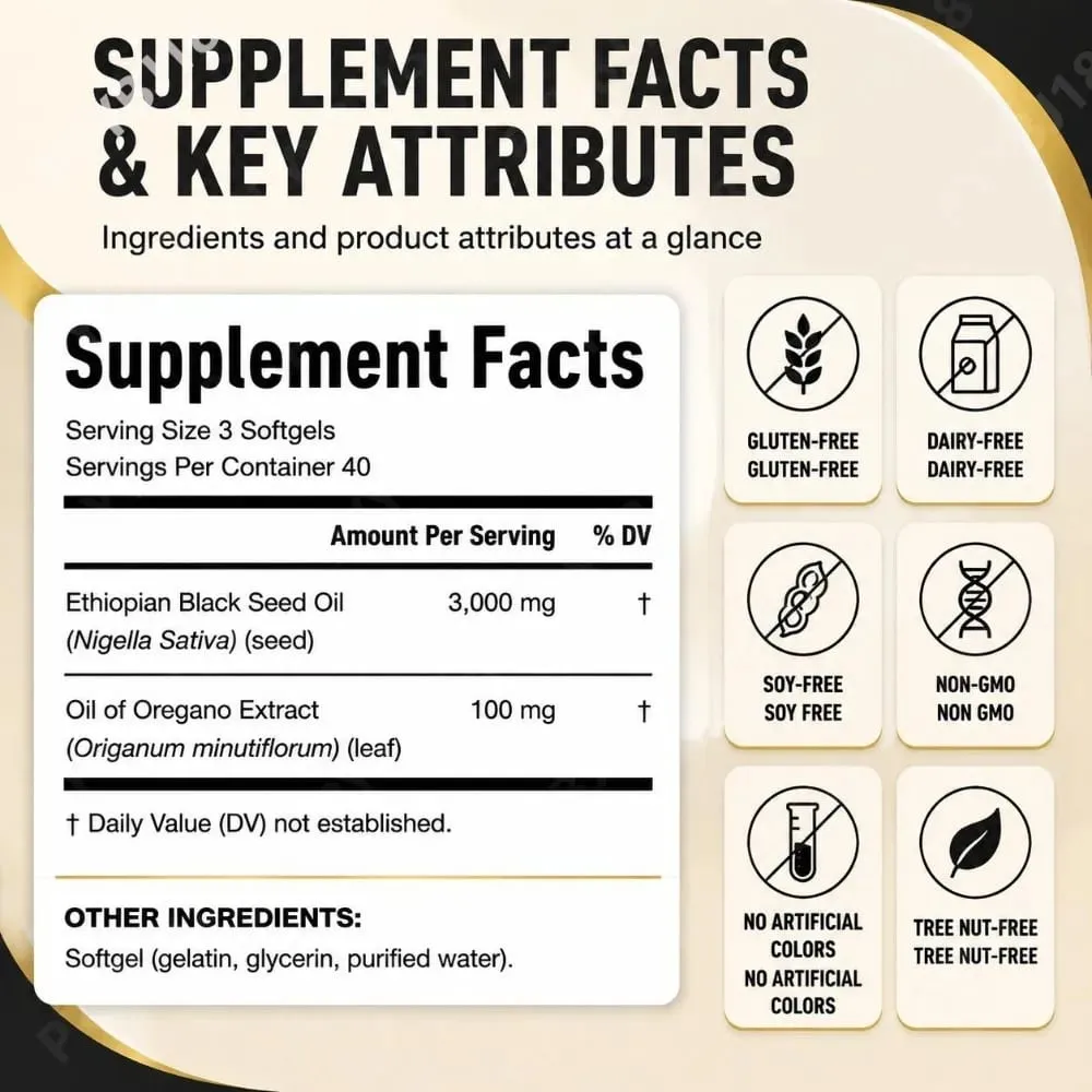 น้ำมันเมล็ดสีดำเอธิโอเปีย 3000mg Softgels พร้อมน้ำมันออริกาโน รองรับสุขภาพภูมิคุ้มกัน ทางเดินอาหาร BALANCE & Daily Vitality 120 นับ — image 3