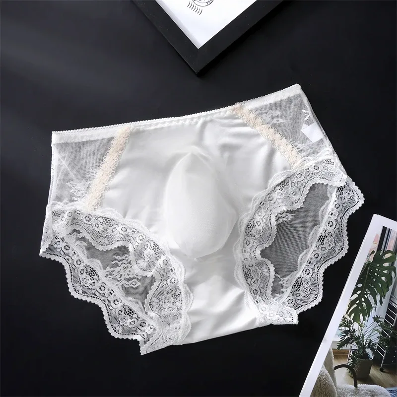 adults 18 plus size men's underwear Ice silk cuecas masculino 3D convex bag cueca color blocked lace mesh calzoncillos hombre