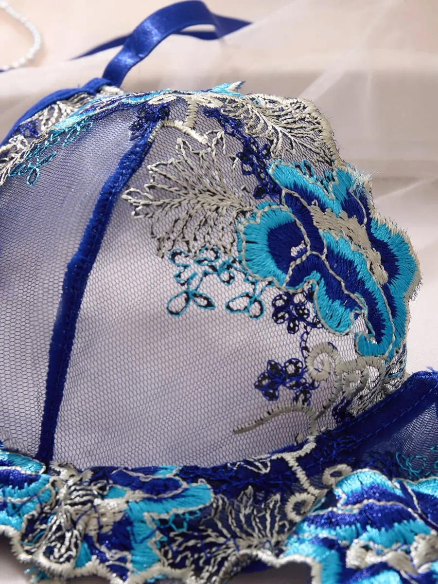 Royal Blue Floral Embroidery Satin Mesh Lingerie Set Underwire Bra With Matching Thong Women Sexy Intimates ZA825146