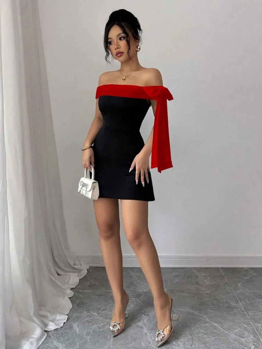 Women Off Shoulder Mini Dress Red Big Bow Spliced Bodycon Short Dresses Elegant Slim Fit Black Little Dress Night Club Party Birthday Outfits Evening Gown — image 2