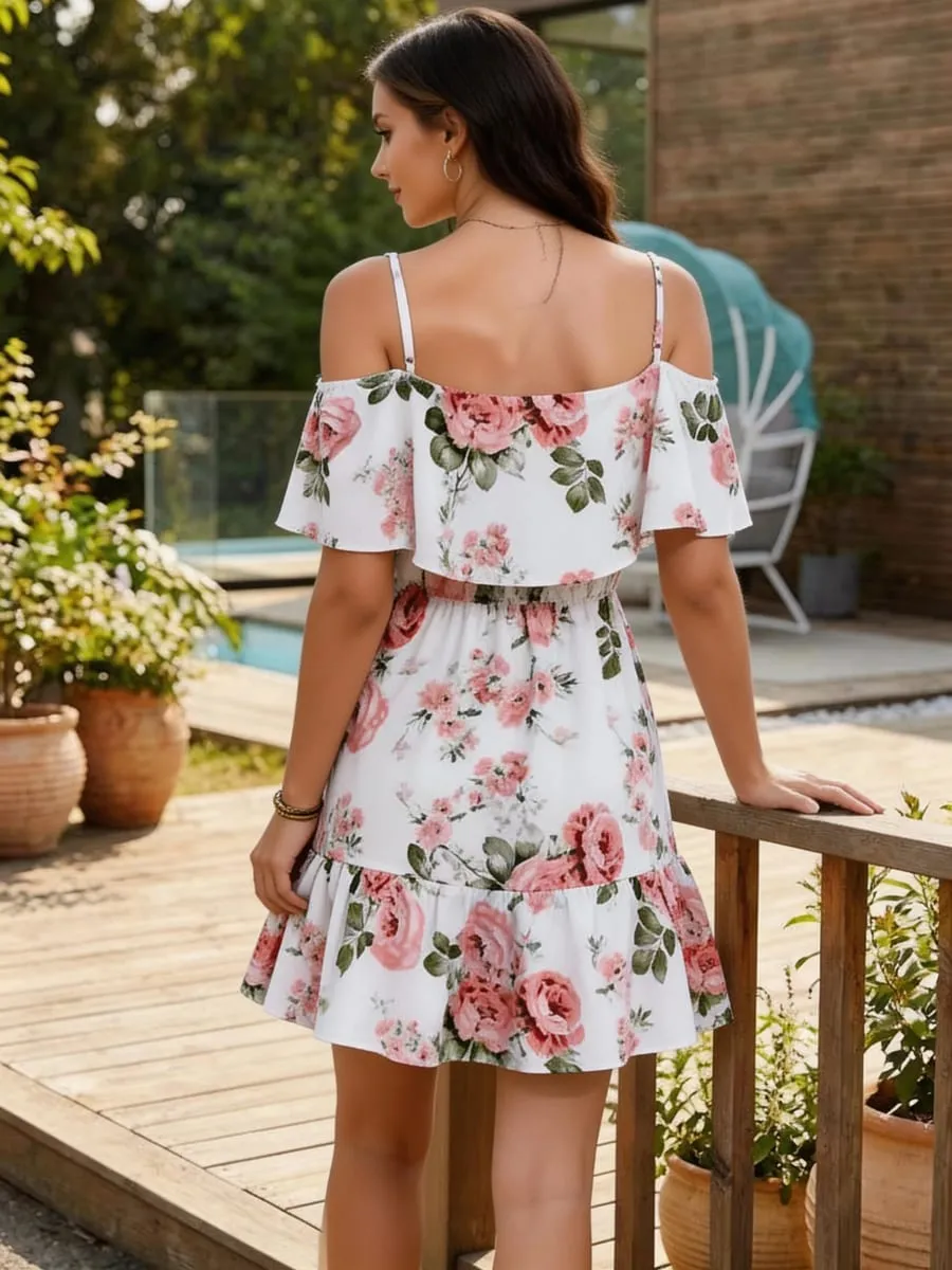 Women's European-Style Floral Print Dress Sleeveless Halter Top with Ruffled Edges Short Skirt for Summer — image 2