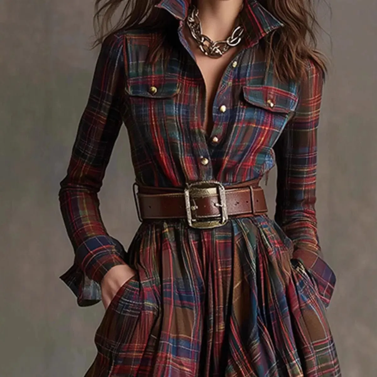 European American Women's Shirt Maxi Dress Autumn Casual Long Sleeve Button Pocket Plaid Print Lapel Retro Long Dress Vestidos — image 3
