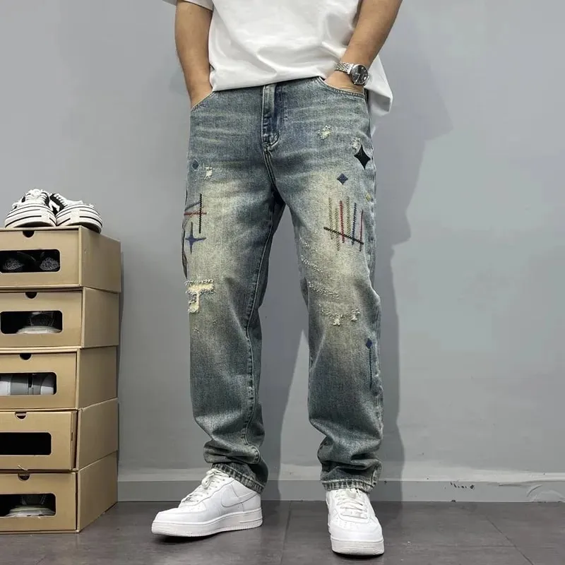 Four Seasons New Fashion Men's American High Street Hole Patched Loose Wide Leg Jeans Pants Vintage Washed Denim Trousers Male — image 2