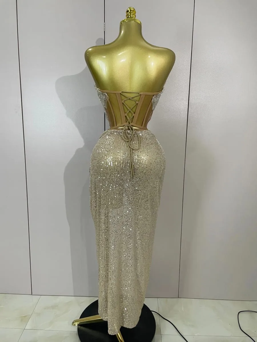 Sparkly Sequin Beading Sexy Strapless Two Pieces Set Women Evening Celebrate Nightclub Party Luxury Birthday Dress Stage Costume — image 3