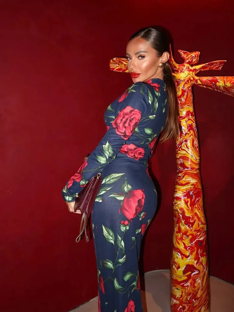 Flower Prints O Neck Women Dresses Sheath Trendy Fashion Elegant Evening Party Outfits Female Bodycon Long Sleeve Robes — image 3