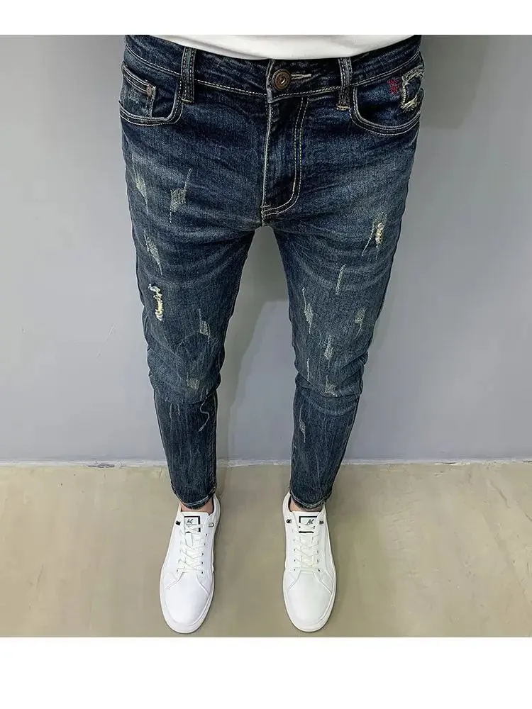 Harajuku Fashion Autumn New Blue Jeans Men's Trendy Brand Scratches Cargo Work Korean Slim-fitting Trousers Luxury Elastic Pants — image 3