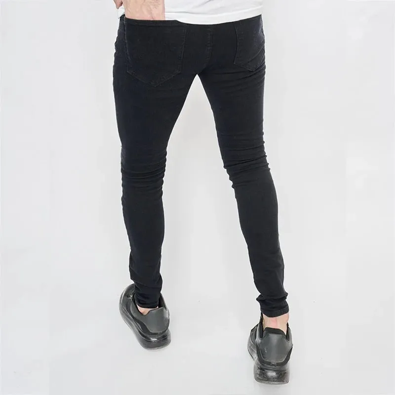 Black Skinny Stretch Ripped Jeans Men's Slim Distressed Kpop Y2K Hip Hop Rock Pants Street Style Ripped Stretch Denim Trousers — image 4