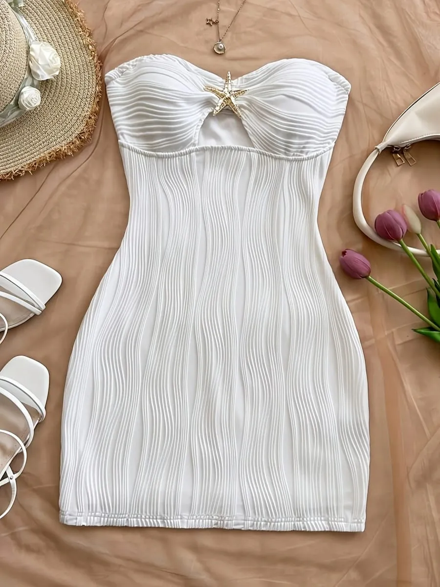 Damen Sommer Sexy Party Date Strandkleid Textur Ausgehöhlter Minirock mit Metall-Seestern-Dekoration Tailliert und attraktiv Wh