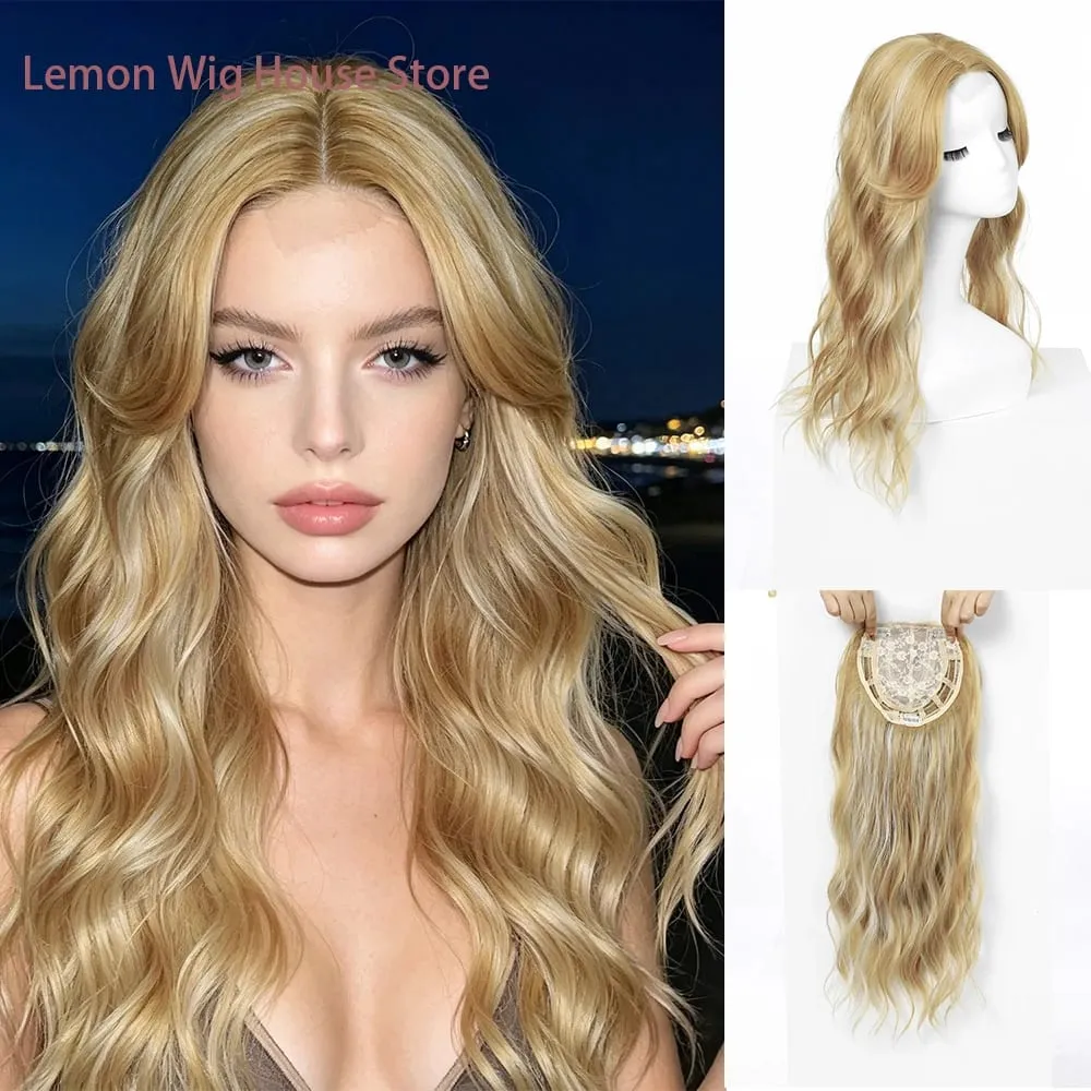 20 Inch Synthetic Long Wave Hair Topper Lace Base Hairpiece Clip on Top Hair for Women Cover Thinning Hair Breathable Wig Piece