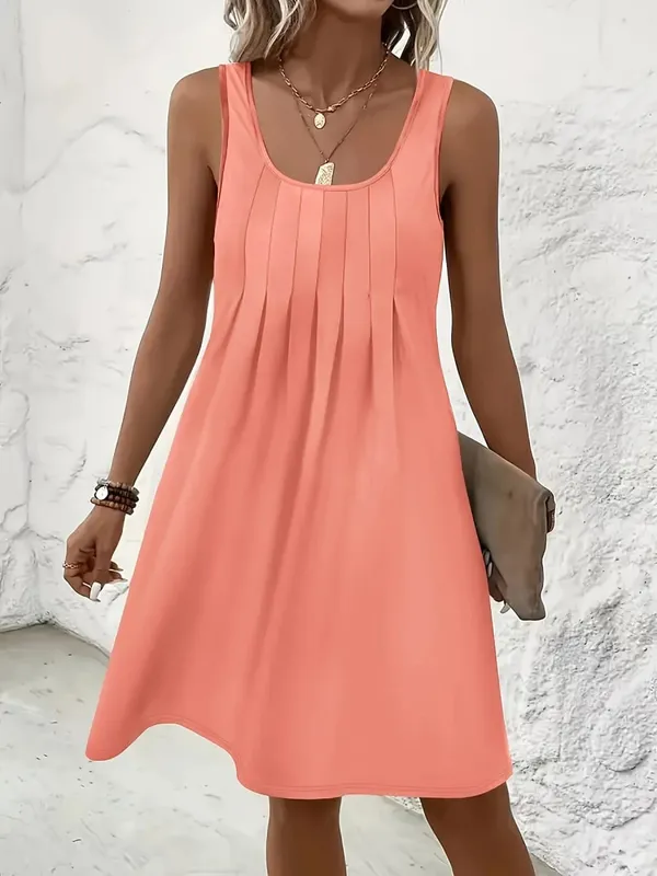 2026 New Casual Women Tank Dresses U Neck Front Pleated Loose Swing Mini Dress Solid Color Soft Summer Beach Daily Wear Robes — image 3