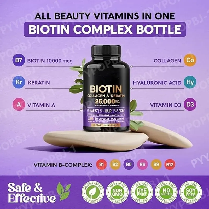 Biotin Capsules Contain Collagen and Vitamin B2 B3 B6 & B7 for Women Men Hair Care Supplements Skin & Nails Support 60 Pieces — image 2