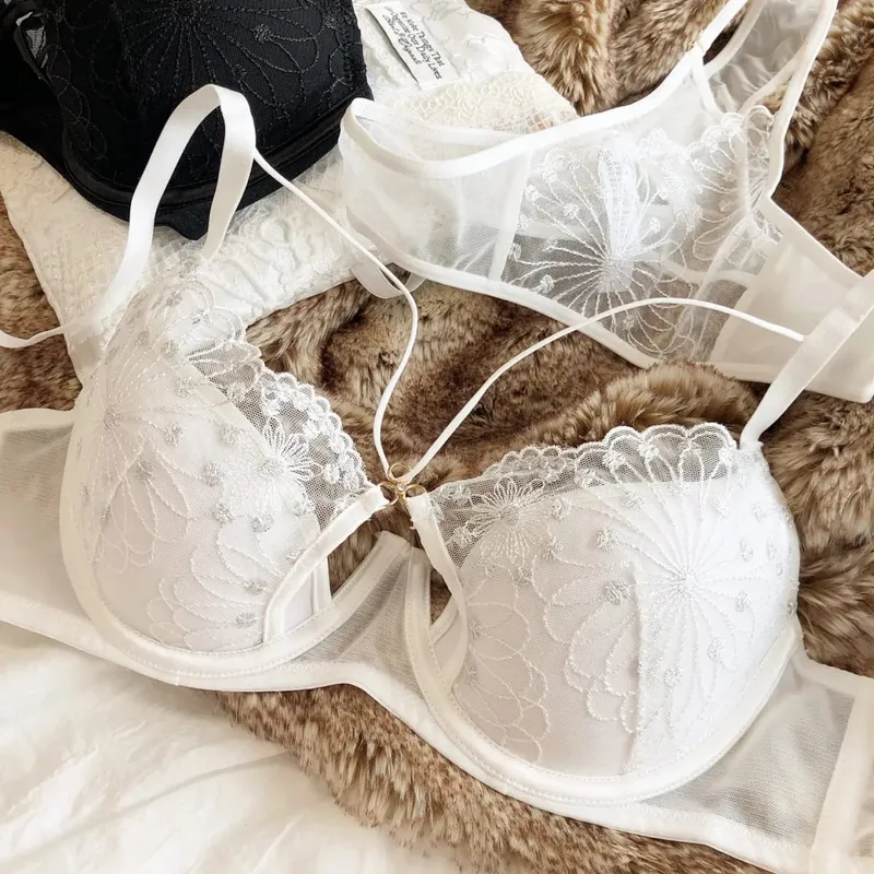 Sexy Hollow Cross Sling Bra French Lace Flowers Embroidery Women Underwear Set Comfort Thin Cup Push Up Bras Romantic Lingerie — image 8