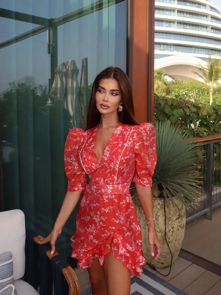 Women Red Floral Printed Mini Dress V-neck Short Sleeved Puff Sleeve Waist Trim Ruffle Slit Hem Dresses 2026 Summer Party Gown — image 3