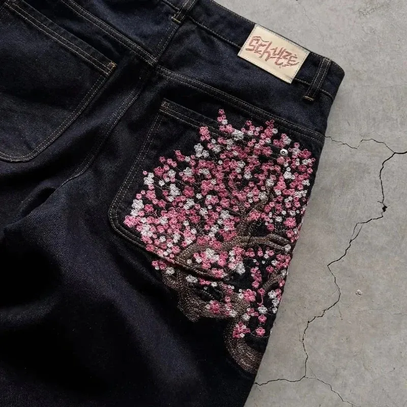 New Sakura Carp Embroidered Jeans Y2k Harajuku Retro Men and Women Loose Street Style Trousers Gothic Punk Casual Straight Jeans