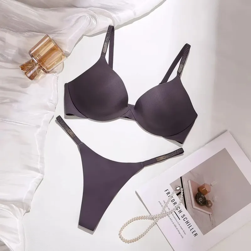 Rhinestone Sexy Bra Set Bralette Girls Underwear Brassiere Fashion Thong Gather Bras Lingerie Panty Sets — image 9