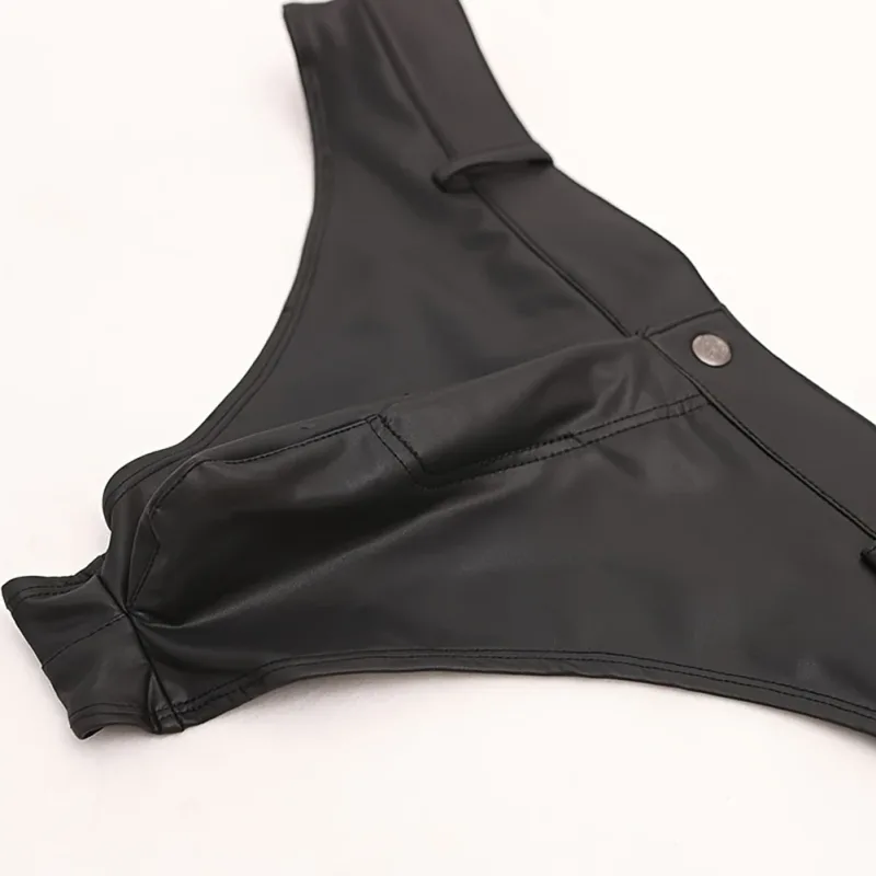 Men Faux Leather Shorts Thongs Button T Crotch Low Rise Very Hot Lingerie Sissy G-String T-Back Brief Underwear Men's Clothing — image 1