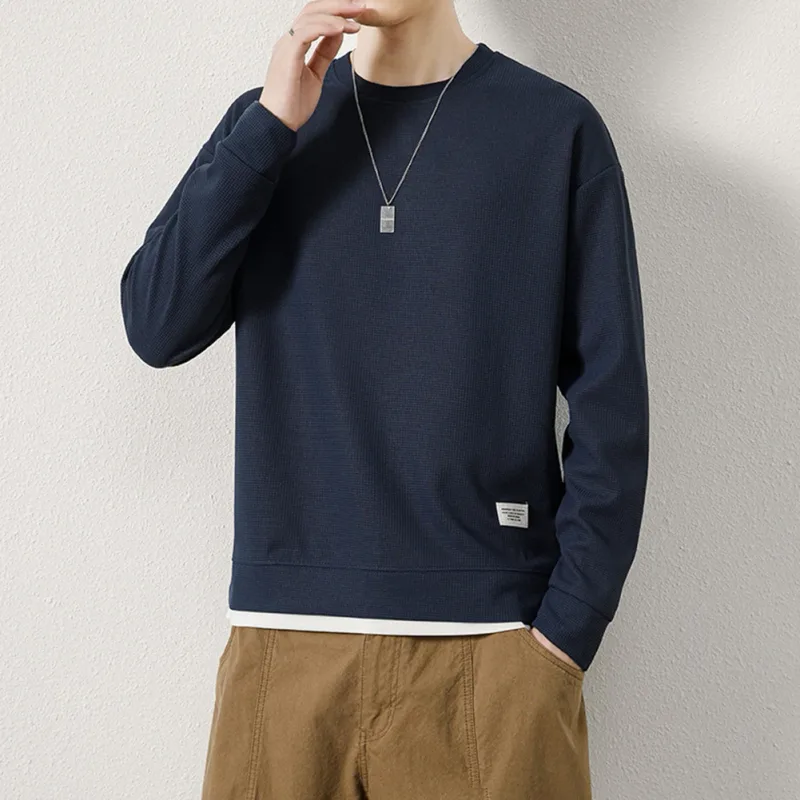 Loose for Fit Plaid Sweatshirt for Men with Long Sleeves Round Neck and Fake Two-Piece Visual Design for Everyday Use — image 8