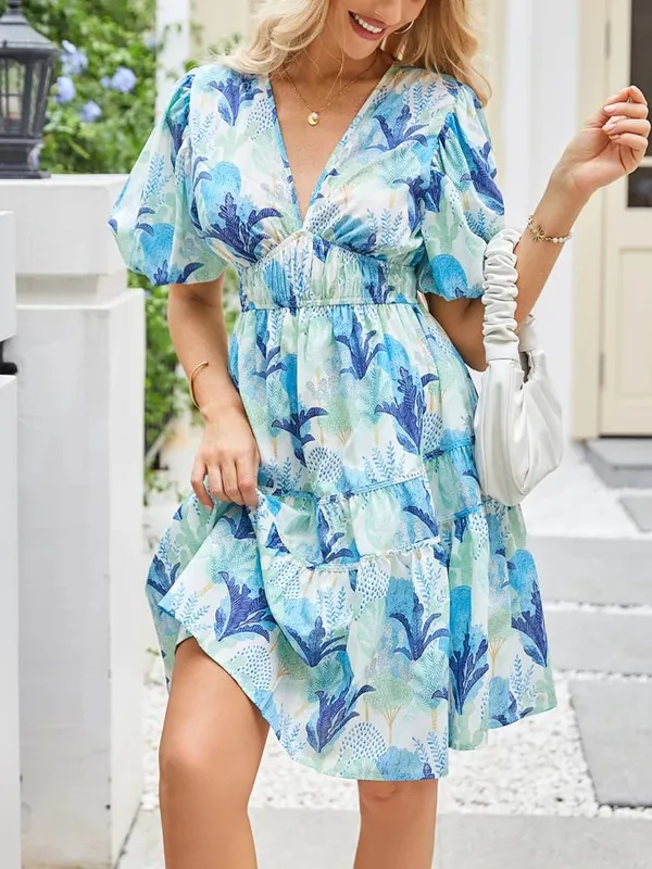New Summer Comfortable and Loose-Fitting Short-Sleeve Casual Women's Dress with an Elegant V-Neck and Fashionable Print